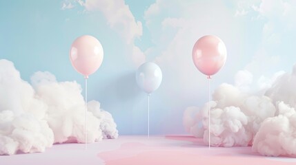 a dreamy pastel floor and wall background with fluffy clouds and pastel balloons, providing a whimsical stage for baby products. 