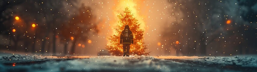 fireman and burning christmas tree on the street in winter forest.
Concept: safety, fire protection