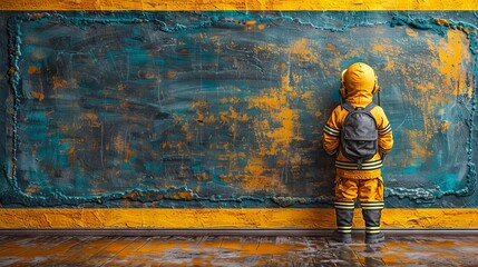 A small child in a yellow helmet and work uniform smiles against the background of a blurred wall.
Concept: education and safety, training