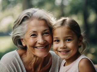 Grandmother and Granddaughter Smiling Together in the Sun