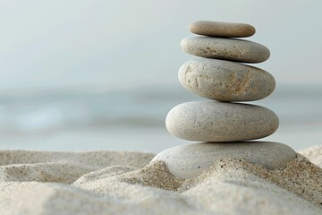 Zen stones stacked on sandy beach, creating a peaceful and balanced scene.