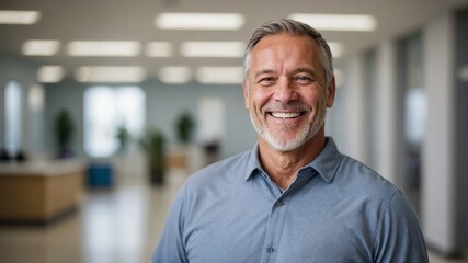 Portrait of middle aged man looking at camera and smiling on blurred office backgroung