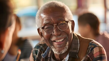A man with glasses is smiling and laughing. He is surrounded by other people, some of whom are also smiling. Scene is happy and friendly