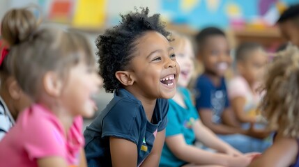 Fototapeta premium A group of children are sitting in a classroom and one of them is smiling. Scene is happy and cheerful