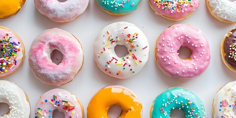 Colorful donuts with assorted icing and sprinkles perfect for a festive party. Concept Festive Donuts, Colorful Treats, Party Desserts, Sweet Delights, Iced Confections
