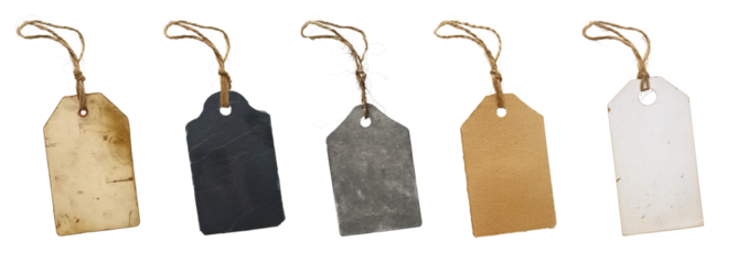 Old carton paper label tags, with natural linen string cord knot. Different colored versions, isolated on transparent background. Generative AI