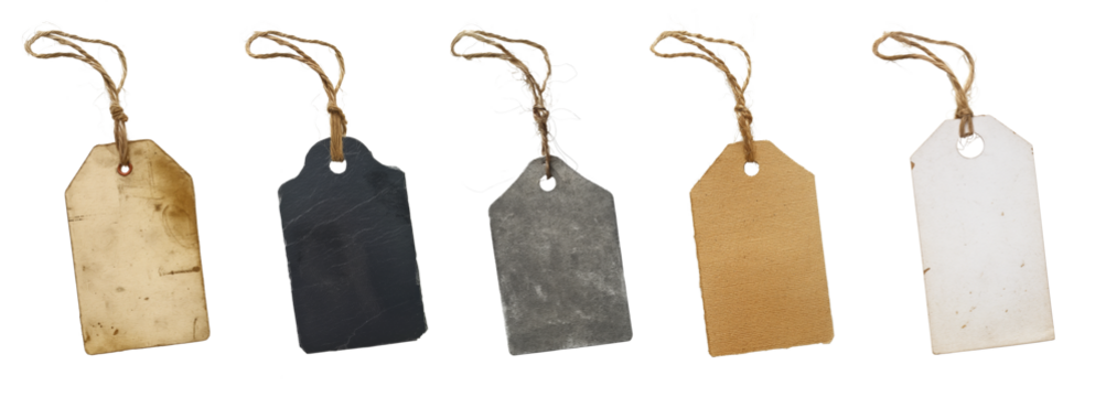 Old carton paper label tags, with natural linen string cord knot. Different colored versions, isolated on transparent background. Generative AI