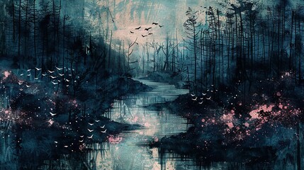 Fototapeta premium A river in a forest with birds flying above it and trees on the opposite bank