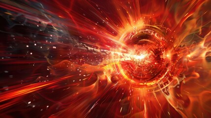 A vivid abstract explosion in red hues, showcasing dynamic energy, light streaks, and an intense central burst.