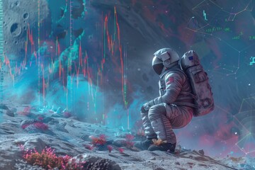 Astronaut exploring alien landscape with futuristic data overlay, showcasing space exploration and science fiction visuals.