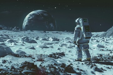 Obraz premium Astronaut exploring the moon's surface with Earth in the background, depicting space exploration and extraterrestrial landscapes.