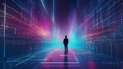 Silhouette of a person standing in the middle of a vast information space