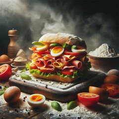 Breakfast Sandwich Supreme: A Tower of Eggs, Bacon, and Prosciutto Goodness