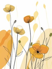 Naklejka premium A simple line drawing of yellow flowers in a field, with a white background and pale yellow watercolor-like accents