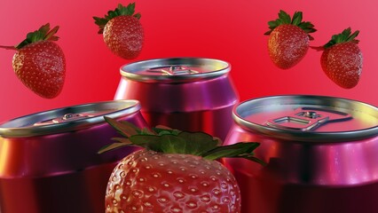 A 3d rendering of lineup of pink tin cans with juicy strawberries beside them tempts the taste buds.