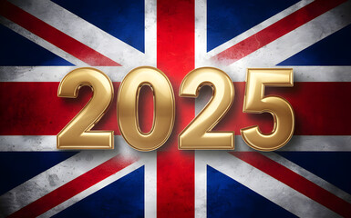 2025 new year golden metal number text and gold coins on uk flag or united kingdom flag . 2025 text gold 3D render with golden coins and presidential election concept.