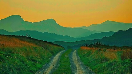   A painting depicts a dirt road amidst a green field with a distant mountain range