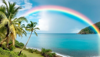 Naklejka premium Tropical seaside scenery with a rainbow