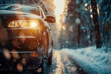 Night drive through snowy woods a black car travels along snowcovered road amid falling snowflakes