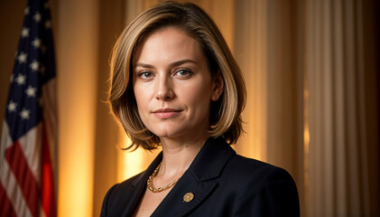 portrait of an American senator woman in front of the flag of the United States of America
