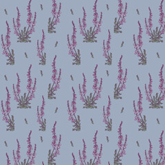 
Seamless illustrative retro floral pattern background in art deco style. Purple lilac and lavender on blue background