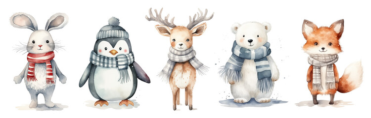 Obraz premium Watercolor set of cute Christmas animals: bunny, penguin, reindeer, polar bear, and fox isolated on white background.