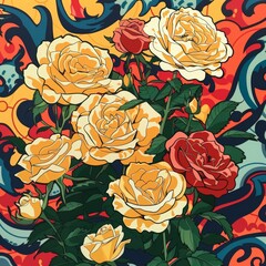 A cluster of yellow and red roses bloom against a colorful abstract floral background