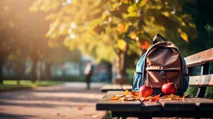 Back to school. Autumn park, school backpack, yellow leaves and books