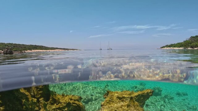 Adriatic Sea in Croatia with crystal clear water, split half undewater shot. Camera plunges into turquoise sea water, two yachts in the background. Sea summer vacation in Croatia islands