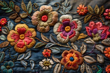 Detailed embroidery of colorful flowers on a dark fabric background.