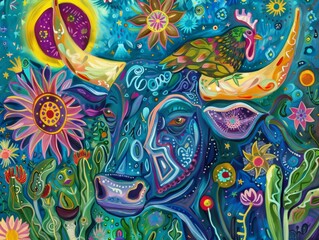 Fototapeta premium A colorful, abstract painting featuring a blue bull with a rooster on its horn, surrounded by flowers and a starry sky