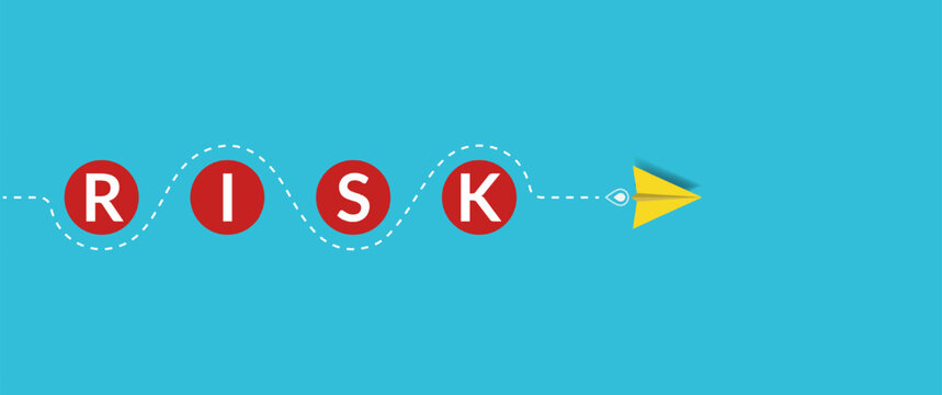 Paper plane comes around the obstacle of risk words. Risk avoidance in business concept.