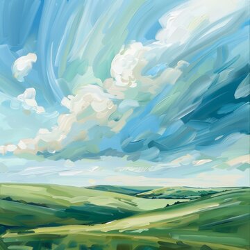 A vibrant, colorful painting of rolling green hills with a blue sky and white clouds above