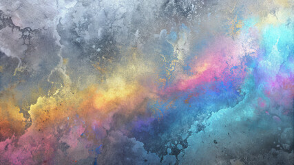 Fototapeta premium This abstract image showcases a vibrant combination of colors with a watercolor-like texture. The play of cool and warm tones, dynamic splashes and gradients make it fun to use as a background