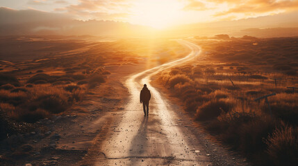  A Person Walking on a Path That Splits from a Well-Trodden Road. This photo depicts a person walking alone on a path that diverges from a well-trodden road, symbolizing choices and the journey less t