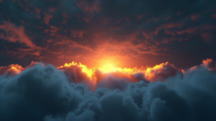 Sunrise Breaking Through Dark Clouds. A stunning image capturing the moment when the sun breaks through dark, stormy clouds, casting a warm golden light across the sky.