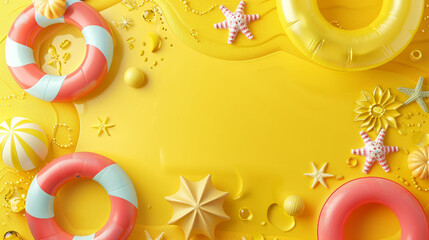 Obraz premium Top view of summer beach concept. Summer beach accessories on yellow background