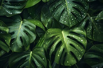 Abstract background with raindrops on a green leaf texture, depicting a nature pattern. A dark green color. A beautiful tropical plant close up