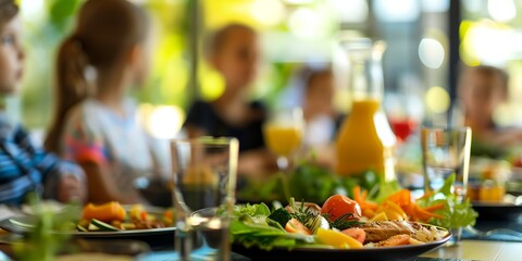 A group of children are sitting at a table with plates of food and glasses of juice. The atmosphere is casual and relaxed, as the children enjoy their meal together