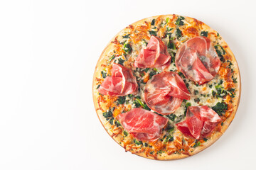 Pizza with prosciutto, ham, arugula, spinach, tomatoes, pesto, cheese and parmesan. Italian cuisine. 