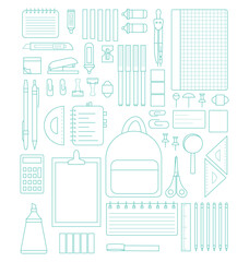 Outline set template with school supplies, stationery and items. Back to school concept for web and promotional materials. Sale leaflet, advertising. Vector illustration isolated on white background.