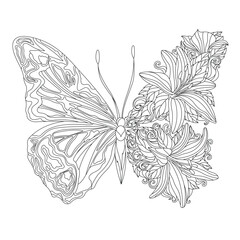 Black and White Illustration Of a Butterfly With Intricate Patterns On Its Left Wing and Floral Designs Integrated Into Its Right Wing. Complex Butterfly Outline Vector Illustration.