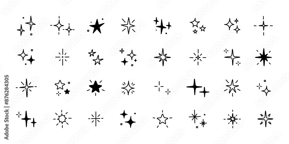 Poster sparkling stars collection with hand drawn style, editable stroke