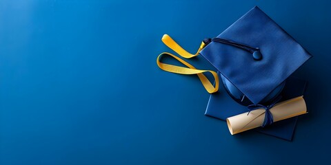 Blue graduation cap and degree on blue card for convocation invitation. Concept Graduation Announcement, Blue Cap, Degree, Convocation Invitation, Blue Card