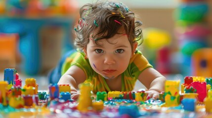 A child lost in creative play with building blocks or finger paints