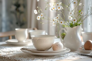 Fototapeta premium A cozy breakfast table with a white tea cup, eggs, and white flowers in a vase, set on a lace tablecloth.