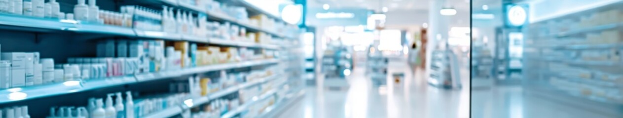 Modern Pharmacy Interior with Blurred Background, Featuring Blue Medicine Shelves and Open Space or Shopping Baskets, AI-Generated Design