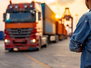 A truck driver in a denim jacket watches as shipping containers are loaded onto a truck at a port during sunset.