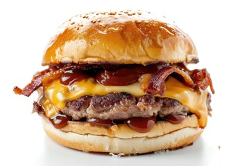 crispy bacon burger with beef patty, melted cheese, fresh bun without sesame seeds, bbq sauce, chili sauce, crispy bacon slices, isolated white background
