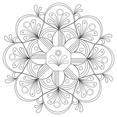 A black image of a circular design on a  white background. Black mandala in vector white background. Laconic mandala with plant elements: flower, buds and leaves.